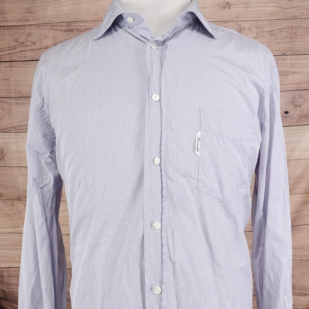 Faconnable Shirt Mens XL 17.5 Blue Pinstripe‎ Classique Cotton Button UP Dress